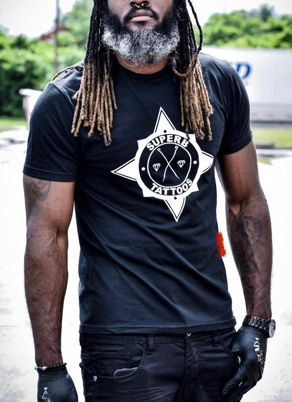 White Superb Tattoos Badge - T-Shirt